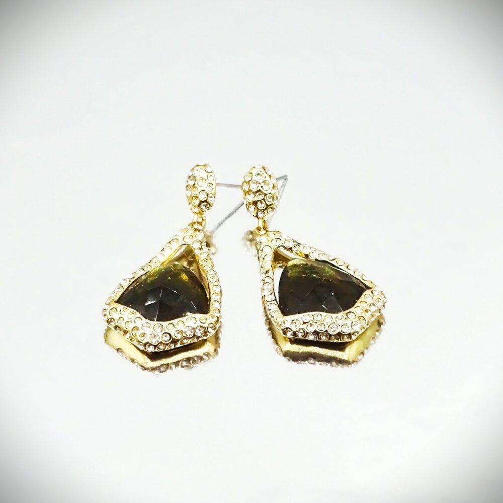 ALEXIS BITTAR Yellow Gold Plated Faceted Brown & Clear CZ Pave Dangle Earrings - Picture 4 of 8
